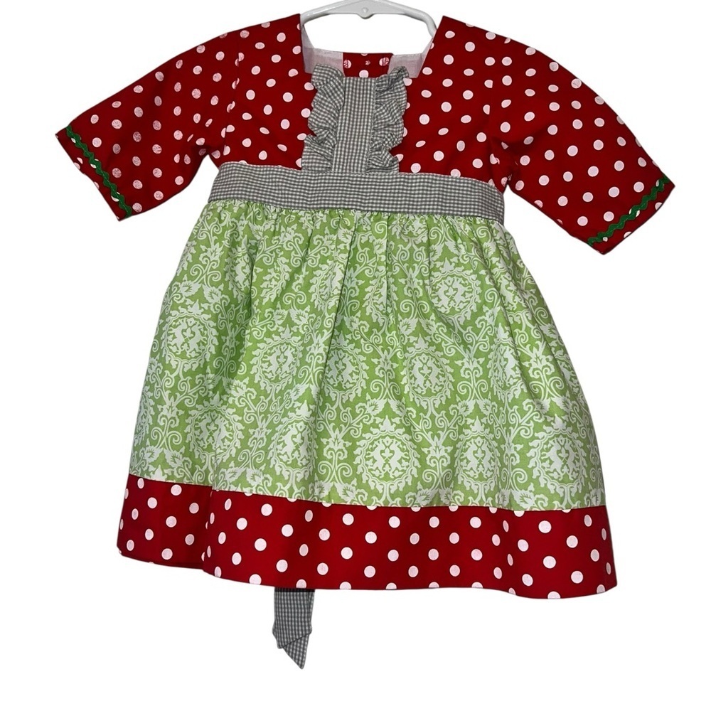 Stellybelly baby girls red green Formal Dress polka dot damask 18m